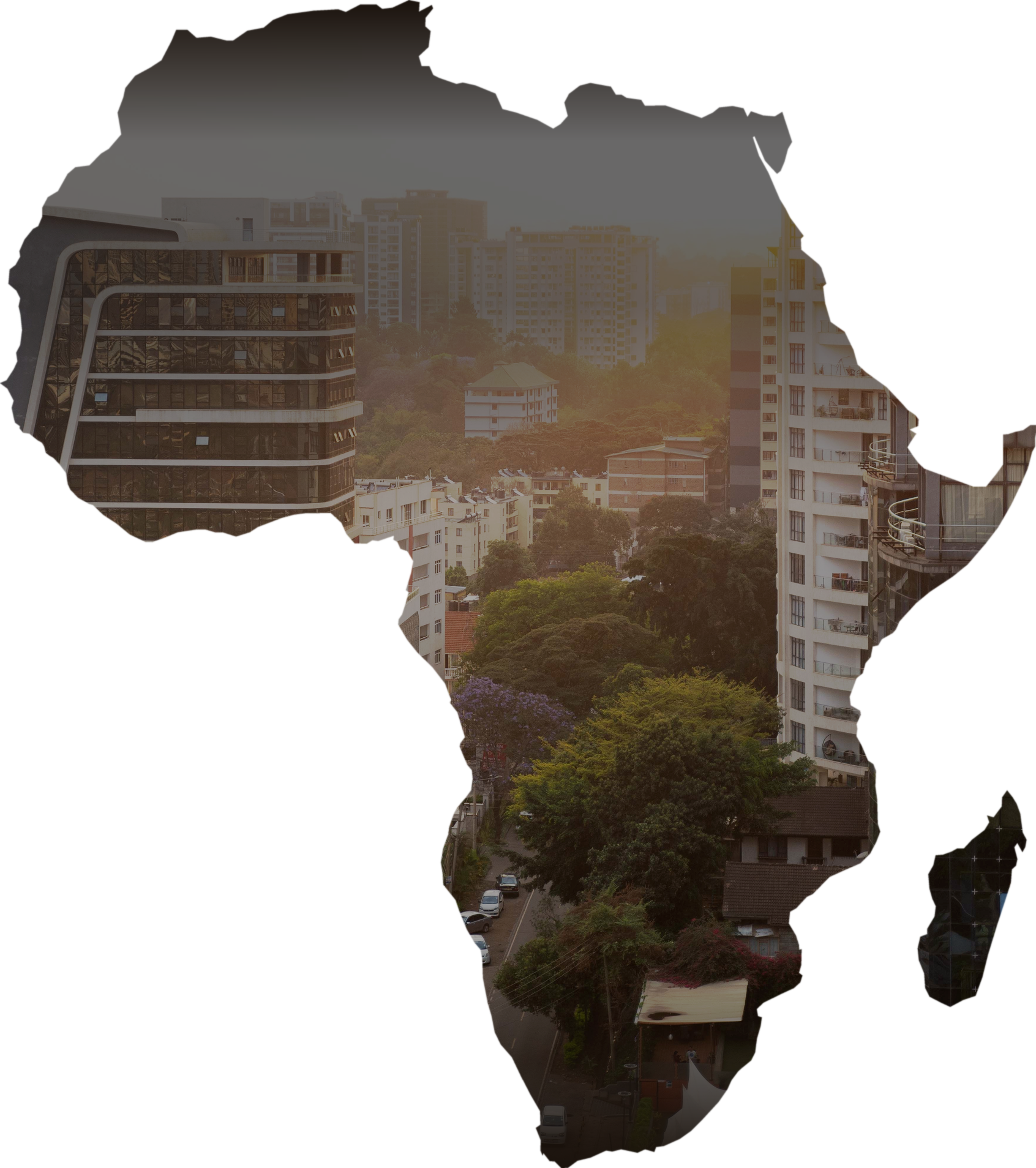 Map of Africa filled with the Nairobi skyline at dusk, overlaid with a glowing network of connected cities across the continent