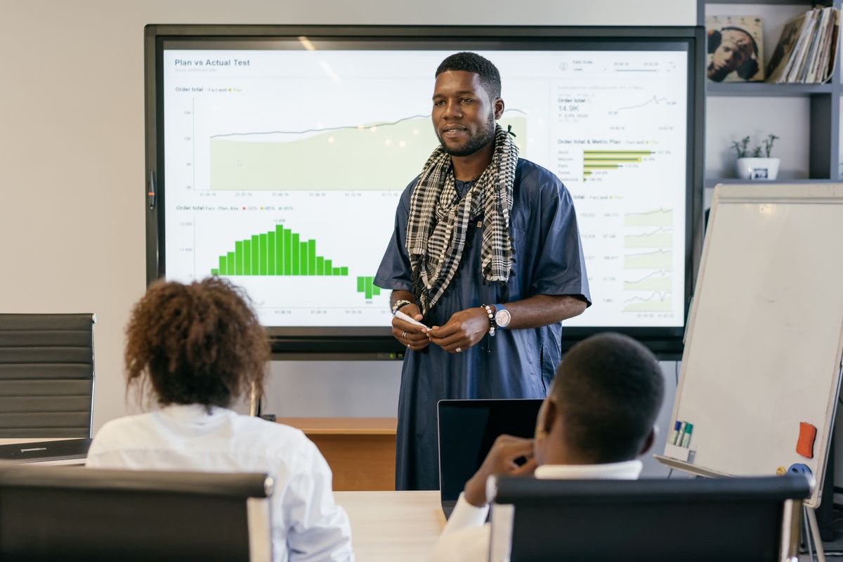 A diverse investment team reviewing a business presentation